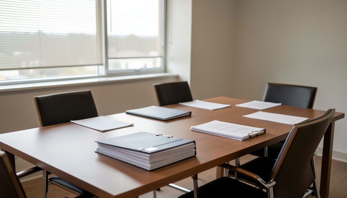 A meeting room table with empty chairs, papers and folders laid out in neat stacks, a window with blinds, no readable documents