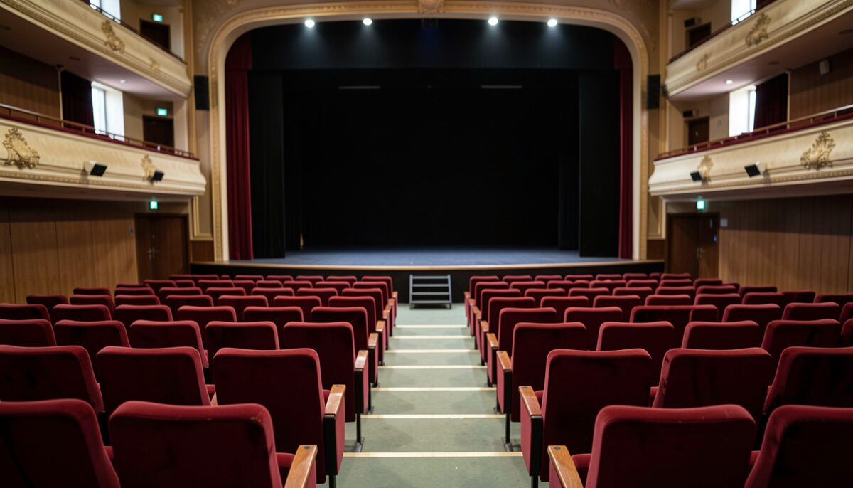 An empty theater auditorium with rows of red velvet seats facing a dark stage, house lights half up, no text or posters