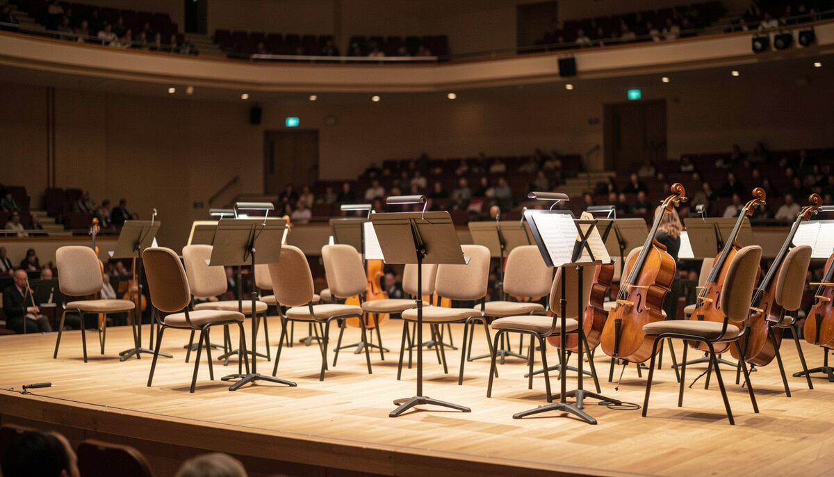 An orchestra section on stage before a concert, empty chairs with sheet music stands and instruments resting, warm stage light, no readable sheet text
