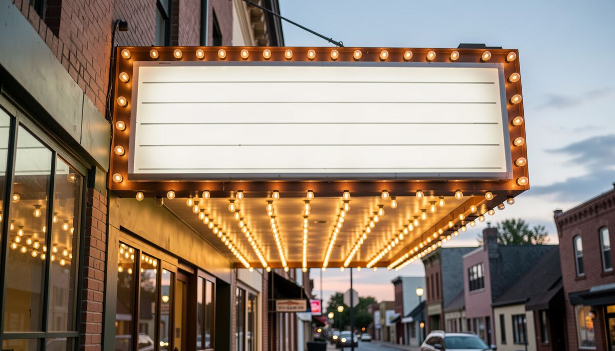 A theater marquee viewed from below at dusk with blank white panels, bulbs glowing around the frame, small town street, no readable lettering