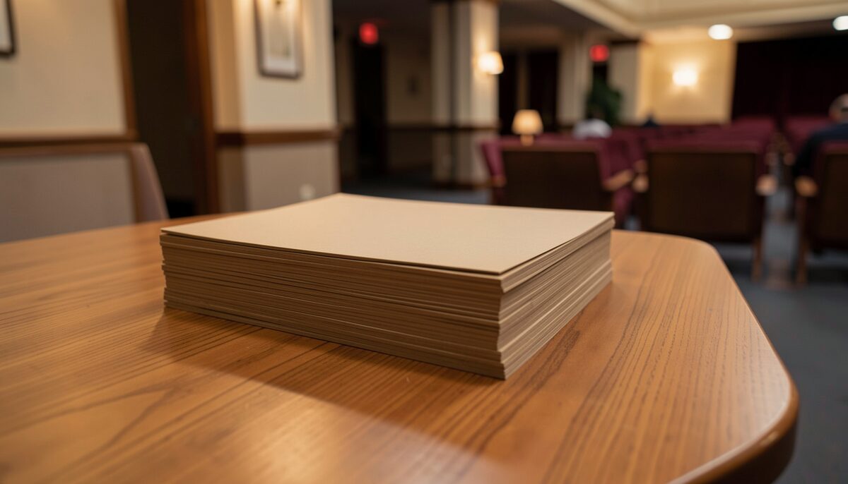 A stack of plain program booklets placed face down on a wooden theater lobby table, blank kraft paper backs visible, warm evening lobby light, no text or markings anywhere