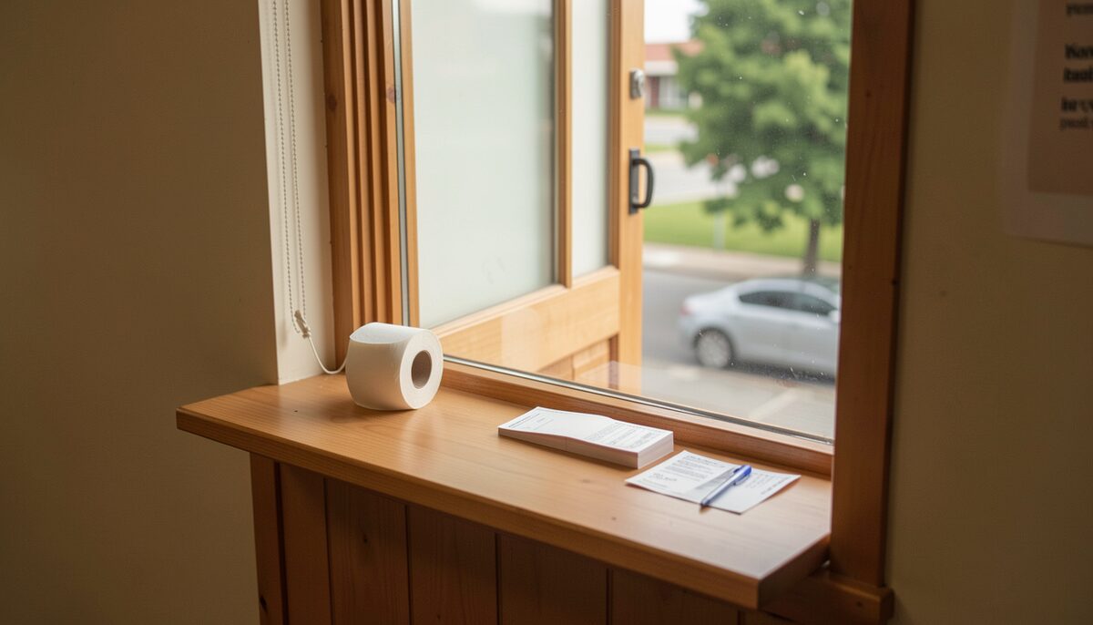 A ticket office window with a small counter, a roll of blank ticket stubs and a pen, warm indoor light, no signage or readable text