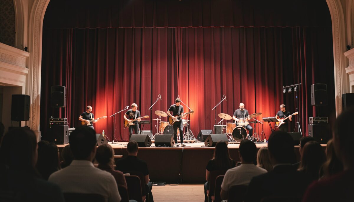 A stage during a live performance seen from the back of the house, musicians lit warm against dark red curtains, audience silhouettes, no readable signs