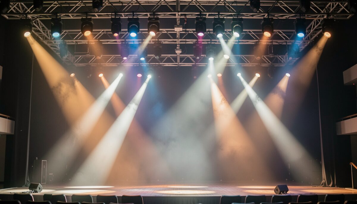 Rows of stage lights on a rig aimed down at an empty stage, haze in the air, warm and cool beams crossing, no performers or text
